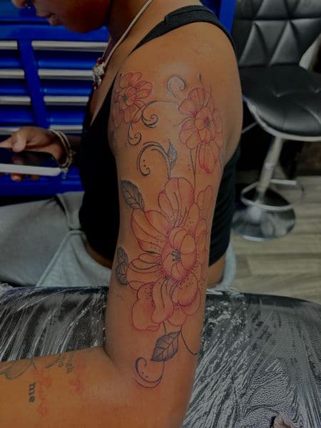 Floral + Fine Line flowers tattoo on Half Sleeve by TatsByDaVinci on TattMe