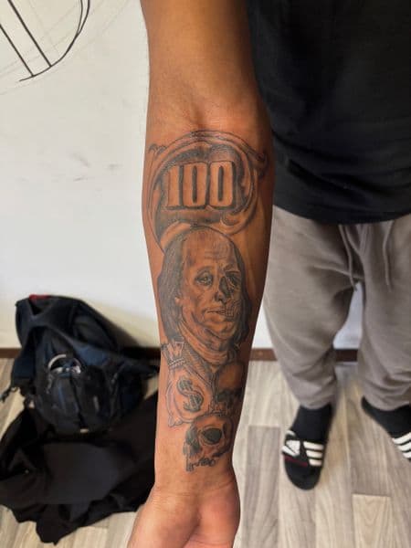 Black & Grey + Realism benjamin franklin tattoo on Forearm by TatsByDaVinci on TattMe