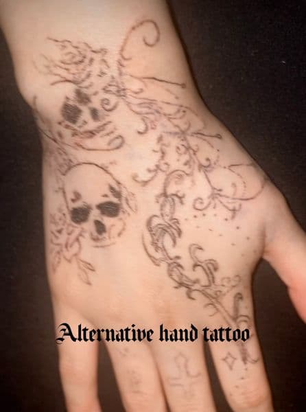 Fine Line + Black-work skulls tattoo on Hand by linedbylia on TattMe