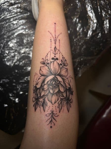 Black & Grey + Fine Line flower tattoo on Calf by erika.main.ave on TattMe