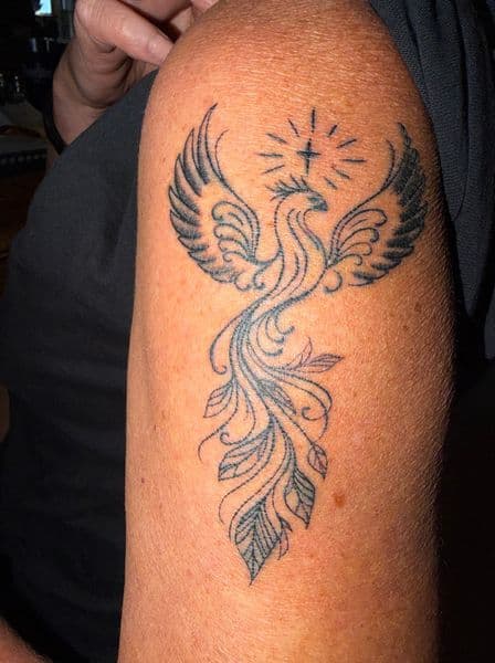 Black & Grey + Fine Line phoenix tattoo on Upper Arm by erika.main.ave on TattMe