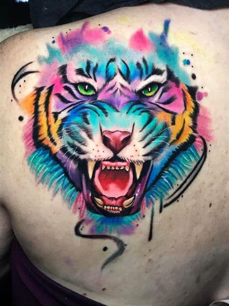 Watercolor + Color tiger tattoo on Upper Back by jessedavalosofficial on TattMe