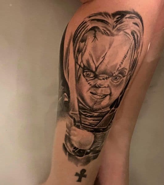 Black & Grey + Realism chucky tattoo on Upper Arm by jessedavalosofficial on TattMe