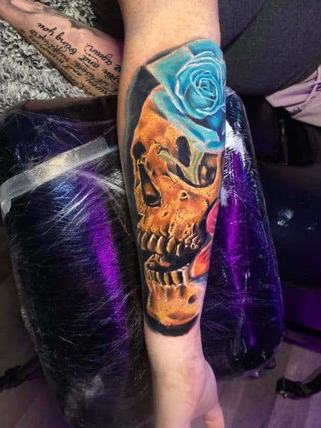 Illustrative + Color skull tattoo on Forearm by jessedavalosofficial on TattMe