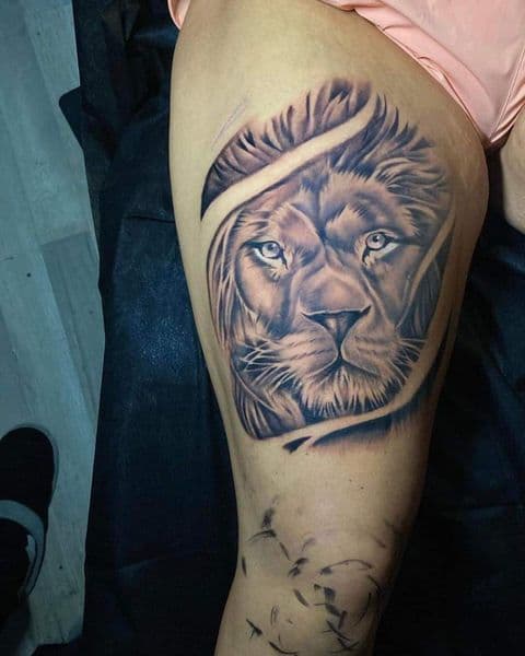 Black & Grey + Realism lion tattoo on Thigh by jessedavalosofficial on TattMe