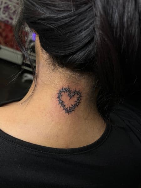 Black-work + Fine Line heart tattoo on Neck (Back) by inkryptd on TattMe