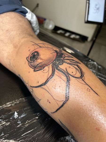 Illustrative + Black-work spider tattoo on Calf by inkryptd on TattMe