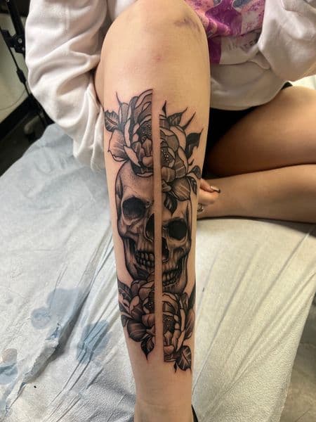 Black & Grey + Illustrative skull tattoo on Shin by inkryptd on TattMe