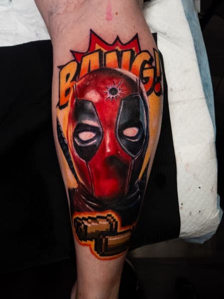 Pop Culture + New School deadpool tattoo on Calf by Brandon_Lee on TattMe