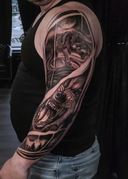 Black & Grey + Realism wolf tattoo on Full Sleeve by Brandon_Lee on TattMe