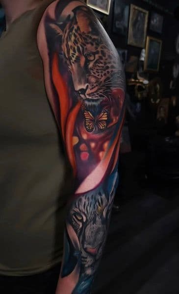 Realism + Color leopard tattoo on Full Sleeve by Brandon_Lee on TattMe