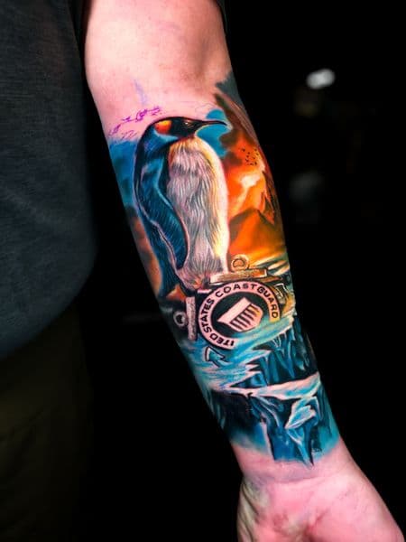 Color + Illustrative penguin tattoo on Forearm by Brandon_Lee on TattMe