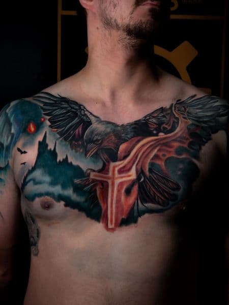 Color + Illustrative raven tattoo on Chest by Brandon_Lee on TattMe