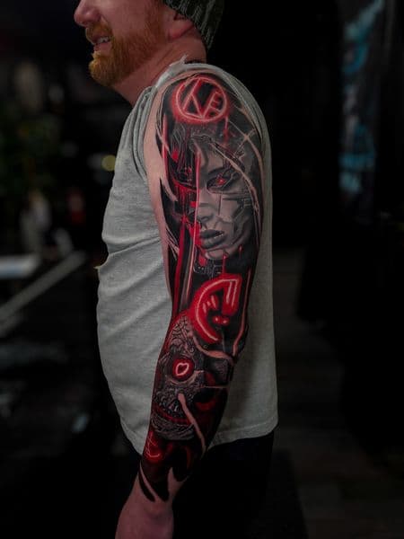 Black & Grey + Realism cyborg tattoo on Full Sleeve by Brandon_Lee on TattMe