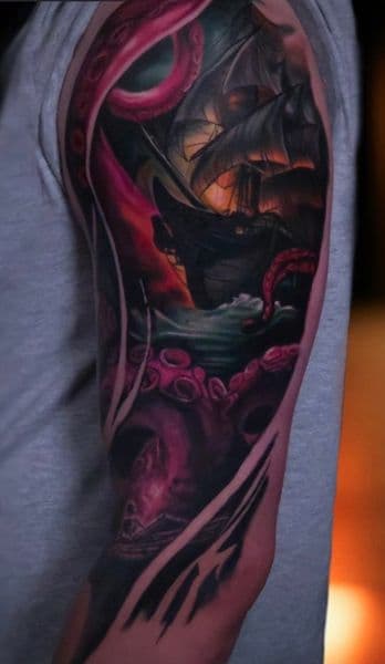 Realism + Illustrative ship tattoo on Half Sleeve by Brandon_Lee on TattMe