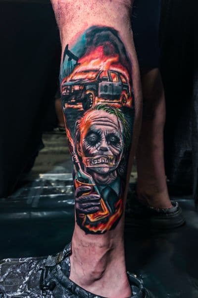 Realism + Color joker tattoo on Calf by Brandon_Lee on TattMe