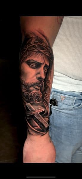 Realism + Black & Grey jesus tattoo on Forearm by Mgtatt02 on TattMe