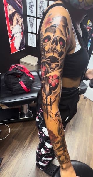 Illustrative + Color skull tattoo on Full Sleeve by without.a.trece on TattMe