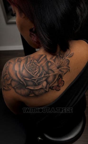 Black & Grey + Floral rose tattoo on Shoulder Blade by without.a.trece on TattMe