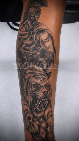 Black & Grey + Realism spartan tattoo on Calf by without.a.trece on TattMe