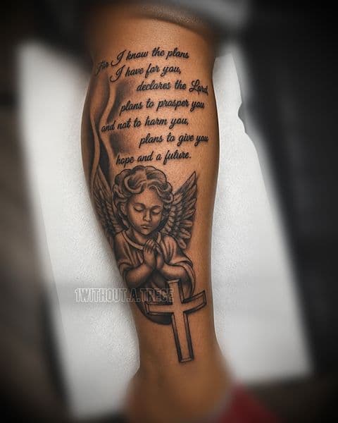 Black & Grey + Lettering angel tattoo on Calf by without.a.trece on TattMe