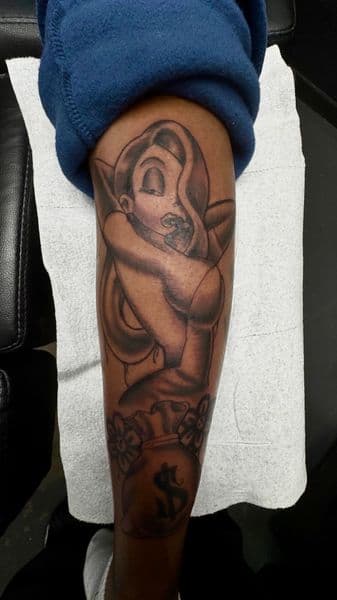 Black & Grey + Illustrative jessica rabbit tattoo on Calf by without.a.trece on TattMe