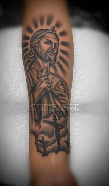 Black & Grey + Realism jesus tattoo on Forearm by without.a.trece on TattMe