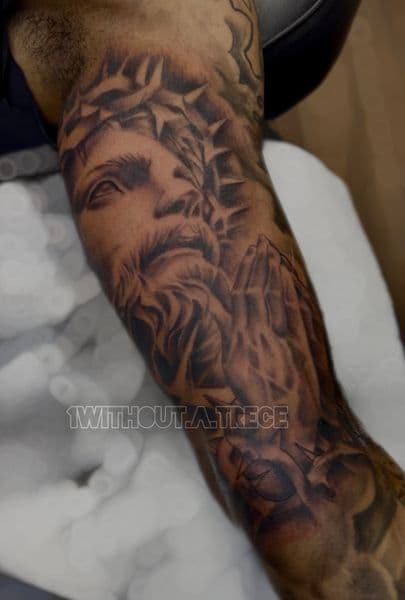 Realism + Black & Grey jesus tattoo on Upper Arm by without.a.trece on TattMe