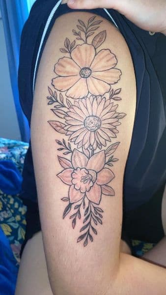 Fine Line + Floral flowers tattoo on Upper Arm by TattzByWolf on TattMe