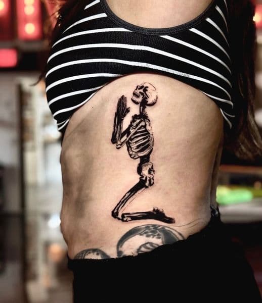Black-work + Black & Grey skeleton tattoo on Ribs by RonGar on TattMe