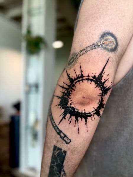 Black-work + Abstract spikes tattoo on Elbow by RonGar on TattMe