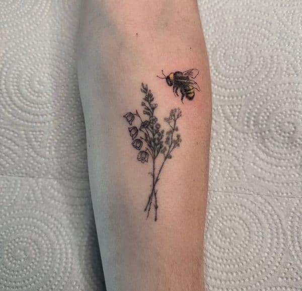 Fine Line + Floral bumblebee tattoo on Forearm by RonGar on TattMe