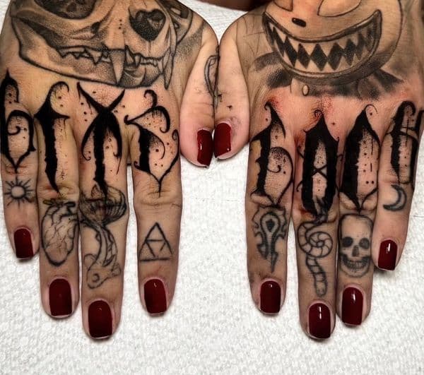 Black-work + Illustrative skulls tattoo on Hand by RonGar on TattMe