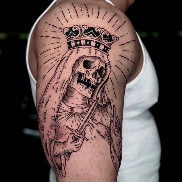 Black-work + Traditional skeleton tattoo on Upper Arm by RonGar on TattMe