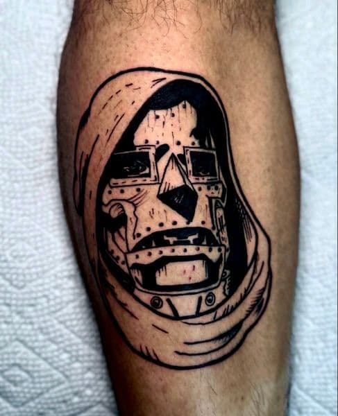 Black-work + Illustrative dr doom tattoo on Calf by RonGar on TattMe