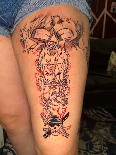 Anime + Line-work anime tattoo on Thigh by jules.inkz on TattMe