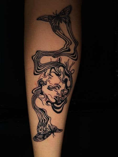 Black-work + Illustrative face tattoo on Calf by jules.inkz on TattMe
