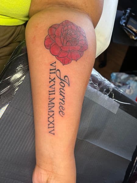 Floral + Lettering rose tattoo on Forearm by jules.inkz on TattMe