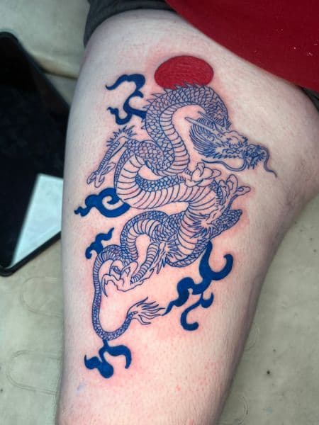 Japanese + Color dragon tattoo on Thigh by jules.inkz on TattMe