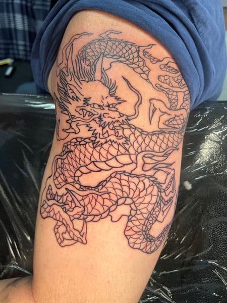 Japanese + Line-work dragon tattoo on Upper Arm by jules.inkz on TattMe
