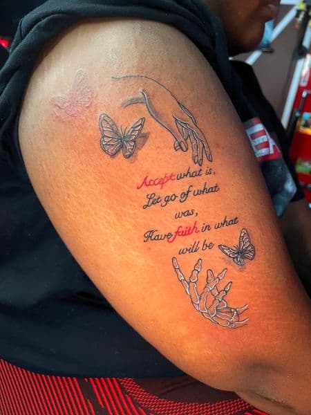 Fine Line + Lettering butterflies tattoo on Upper Arm by jules.inkz on TattMe