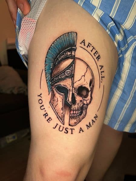 Color + Illustrative spartan helmet tattoo on Thigh by jules.inkz on TattMe