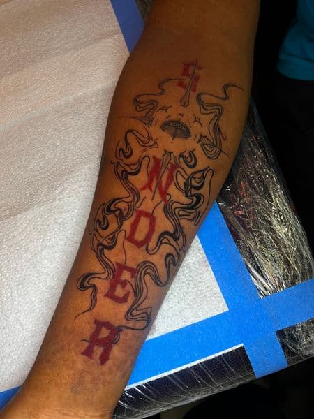 Illustrative + Line-work eye tattoo on Forearm by jules.inkz on TattMe