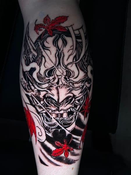 Japanese + Black-work hannya mask tattoo on Calf by jules.inkz on TattMe