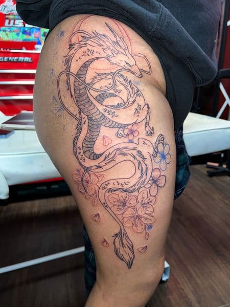 Line-work + Japanese dragon tattoo on Thigh by jules.inkz on TattMe