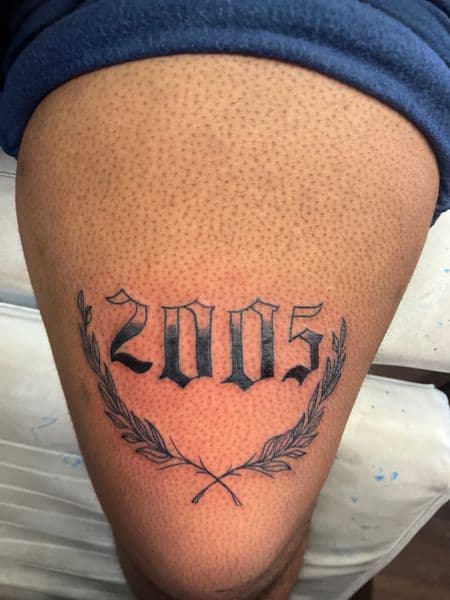 Lettering + Chicano numbers tattoo on Thigh by jules.inkz on TattMe