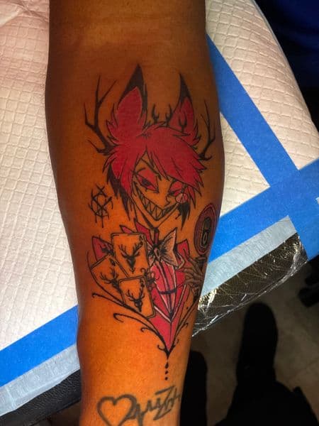 Anime + Color alastor tattoo on Forearm by jules.inkz on TattMe