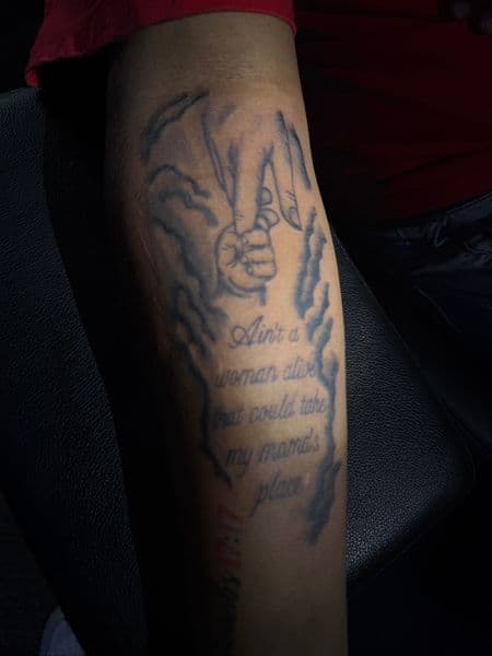 Black & Grey + Lettering hands tattoo on Forearm by 719sFineLinez on TattMe
