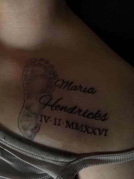 Script + Black & Grey footprint tattoo on Shoulder by 719sFineLinez on TattMe