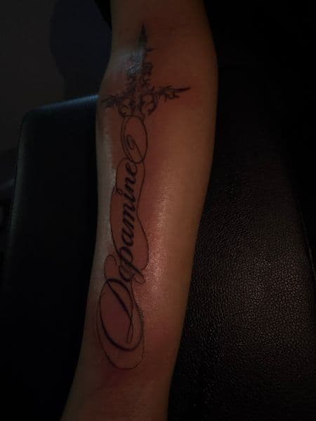 Lettering + Script dopamine tattoo on Forearm by 719sFineLinez on TattMe
